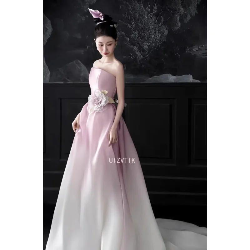 Gaun Pesta Malam Panjang Tanpa Tali Perancis Elegan Gaun Pengantin Mewah Ringan Wanita Gaun Perjamuan Pertunangan Pengantin Stiker 3D