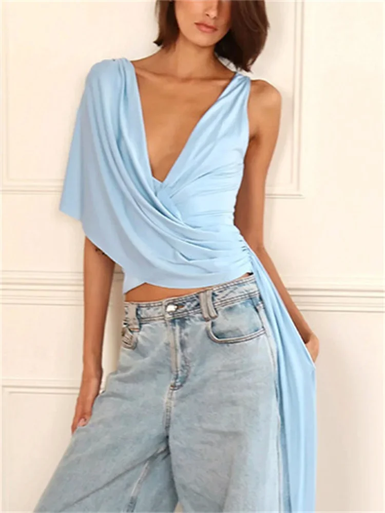 

V-Neck Fashion Lace-Up Tops Vest Female One-Shoulder Solid Patchwork Backless Beach Clothes Women's Summer Cropped Top New
