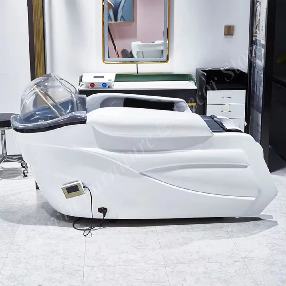 Luxury Barber Salon Furniture Full Auto Hair Salon White Electric Massage Washing Shampoo Chair With Base