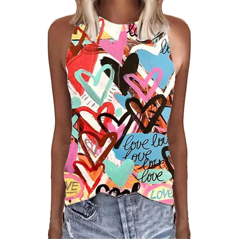 Graffiti Colorful Love Hearts 3D Print Tank Tops Summer Women O-Neck Vest Off Shoulder Y2k Sleeveless Camisole Woman Clothing — zdjęcie 5