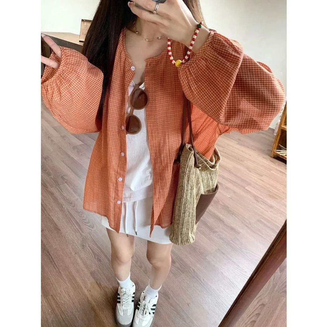 Summer New Lazy Style Korean Plaid Shirt Versatile Outerwear Slimming Top Sun Protection Women's Shirt Soft Satin Fabric roun...