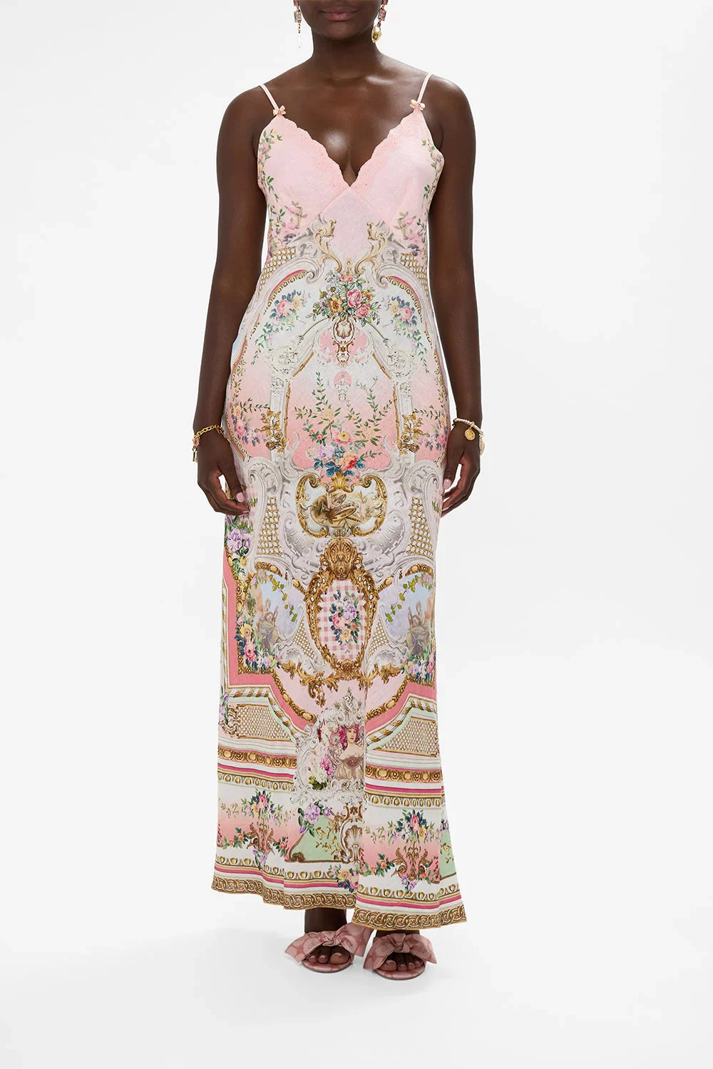 

Women's Silk V-Neck Pink Flower Print Crystal Beaded Sexy Strapless Maxi Dress