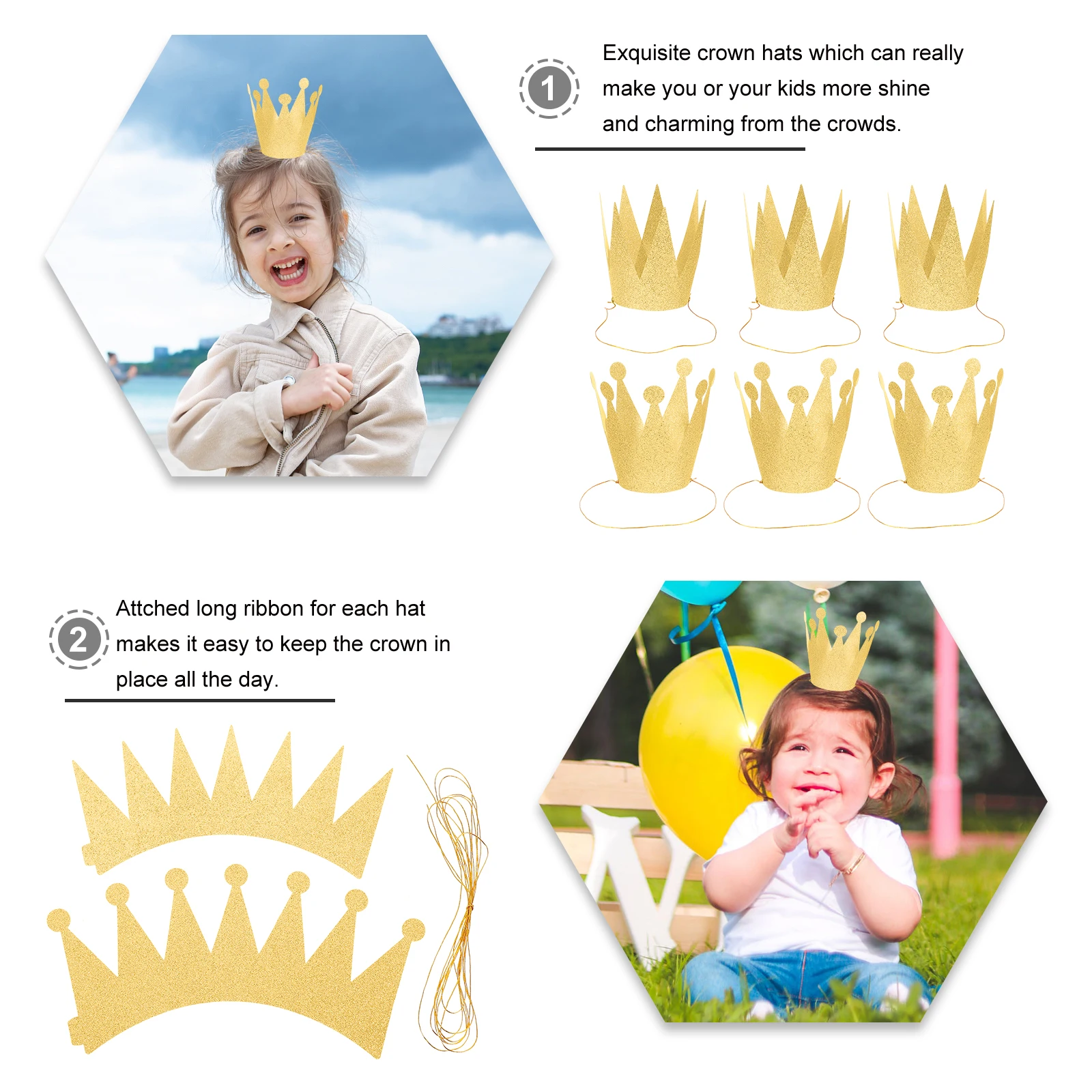 

6 PCS Birthday Hat Glitter Crown Hats Party Toddler Prince Crowns Decorations Kids