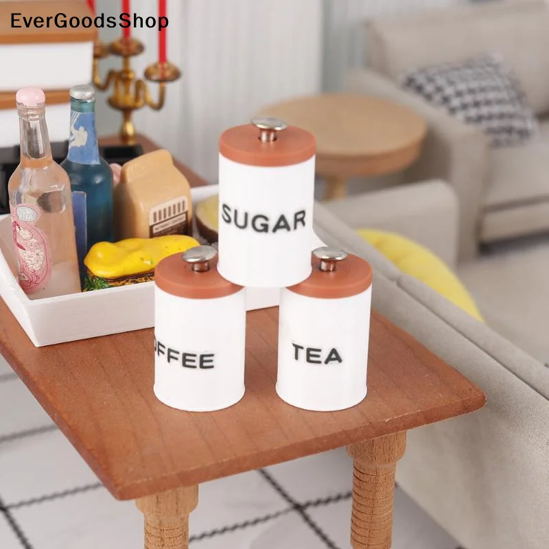 ✦ 3Pcs 1/12 Dollhouse Tea Coffee Sugar Storage Spice Jar Candy Pot With Lid Storage Tanks Kitchen Organizers Utensils
