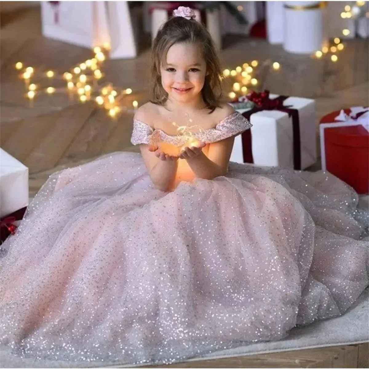 

Off Shoulders Flower Girl Dress Shining Angel Princess Wedding Party Beauty Pageant Ball First Communion Dresses Dream Kids Gift