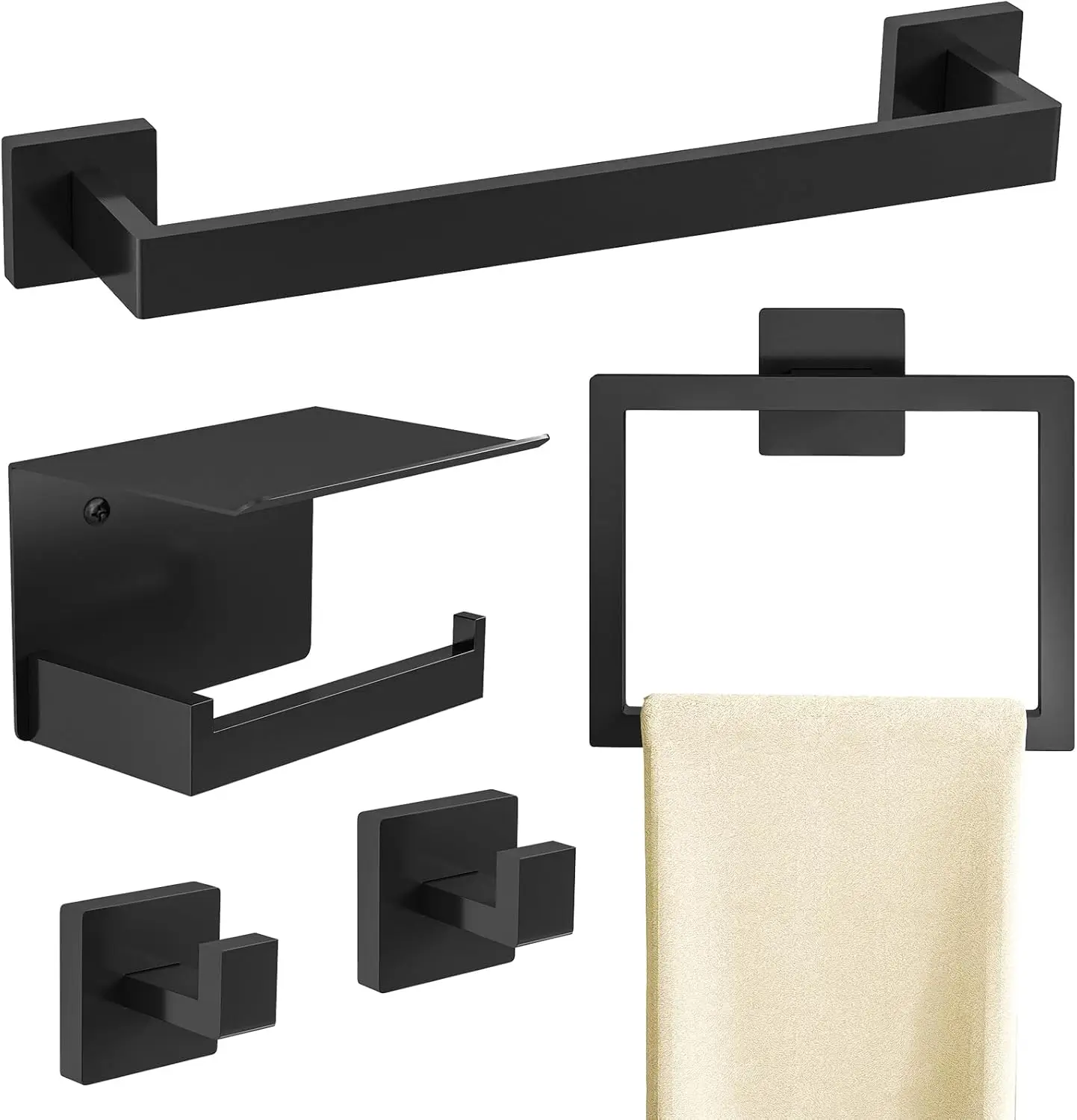 

Matte Black Bathroom Accessories Hardware Set 5-Piece, Stainless Steel Towel Racks, 16 Inch Bath Towel Bar Set Wall Mounted