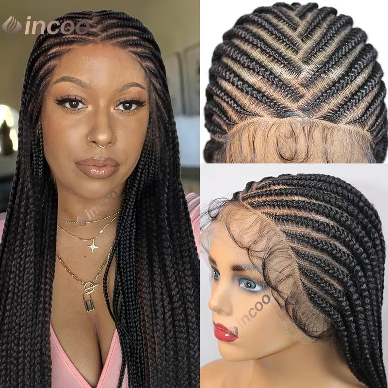 

36" Full Lace Braid Wigs Synthetic Box Braided Lace Front Wigs For Black Women Cornrow Knotless Braided Wigs Square Hair Wigs