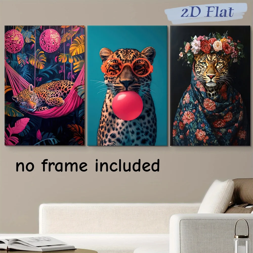 3PCS 2d Flat Modern Tropical Canvas Decorative Painting Pink hammock Leopard and Disco Ball Living Room Bedroom Entrance Wall De