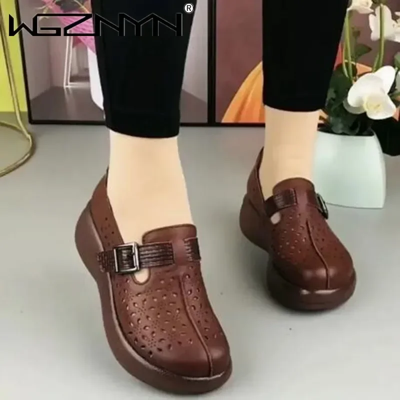 NEW Designer Spring Summer Shoes Hollow Genuine PU Leather Platform Sandals Increase Shoe Wedges High Heels Retro Women Sneakers