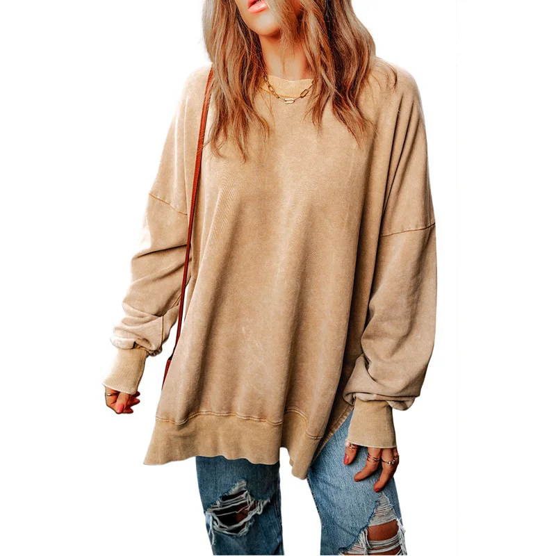 Autumn Solid Color Side Slit Sweatshirt Female Vintage Round Neck Long Sleeve Tops Casual Loose Hoodies Street Women Clothes