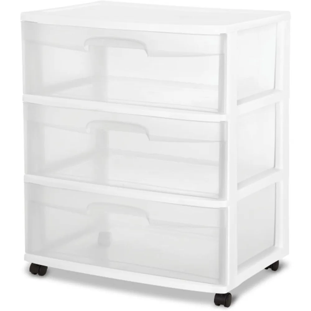 Wide 3 Drawer Storage Cart, Plastic Rolling Cart with Wheels to Organize Clothes in Bedroom, Closet, White with Clear Drawers