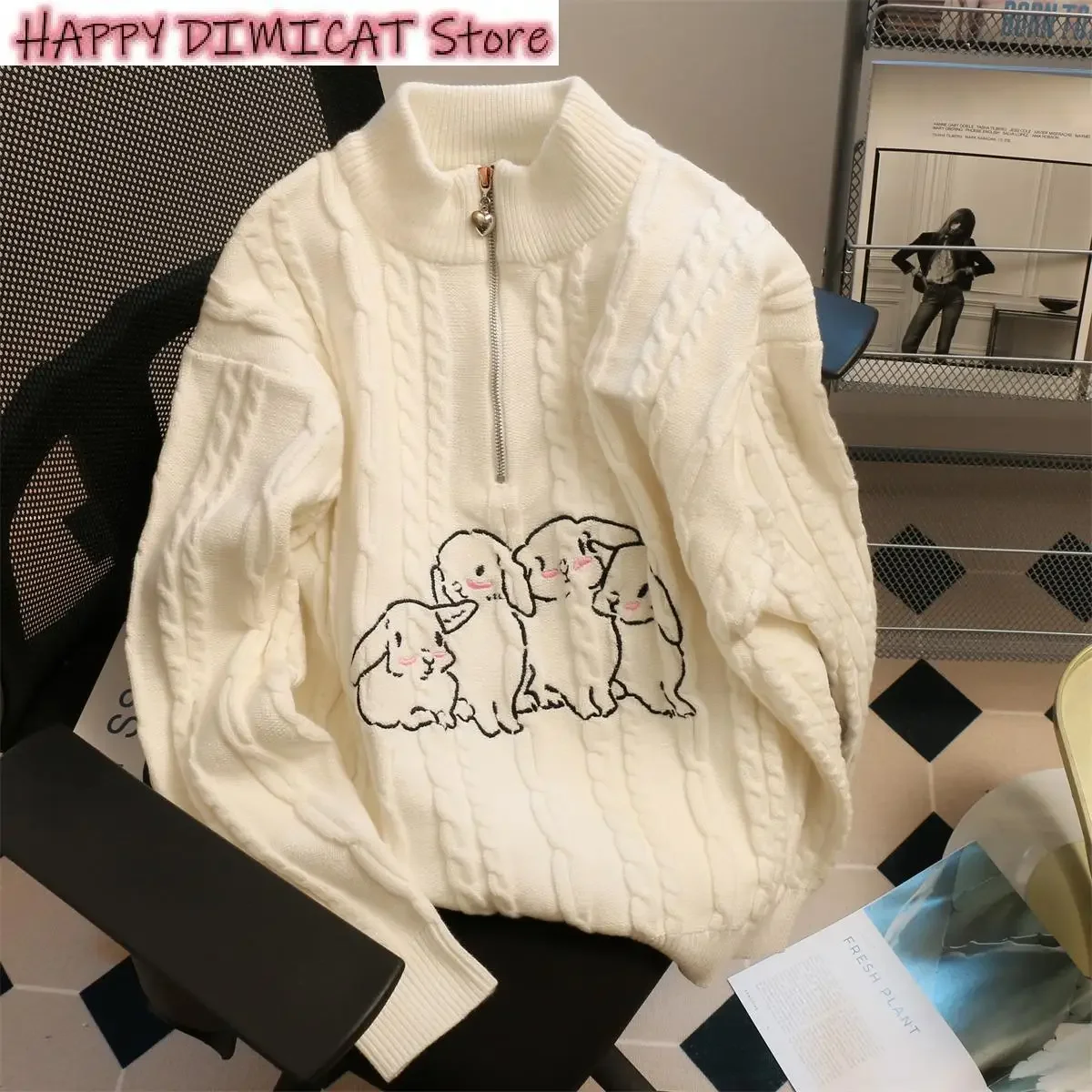 Women's Embroidered Rabbit Sweater, Half High Collar Pullovers, Chic Zipper, Korean, Knitted, Spring Jumpers