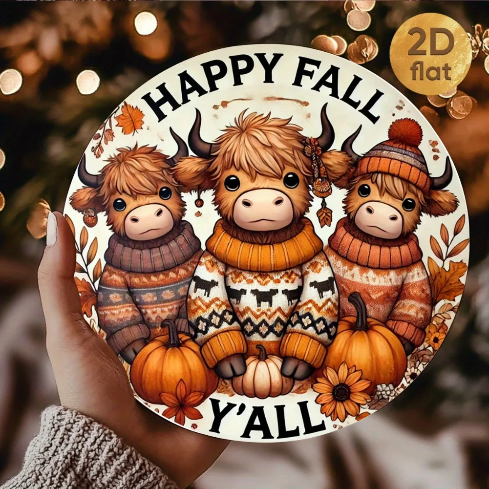 علامة إكليل البقرة المرتفعات العتيقة "Happy Fall Y'All" - قطعة واحدة مقاس 7.87 × 7.87 بوصة فن جداري حديدي مستدير مسطح ثنائي الأبعاد، ديكور للمنزل والمقهى والشرفة