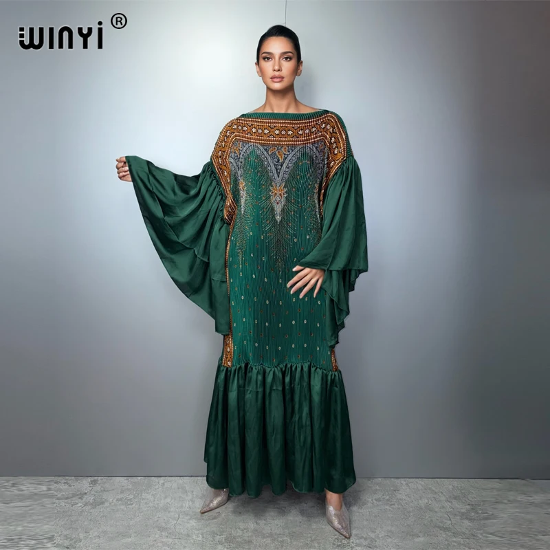 

WINYI Maxi Kaftan Dress Elastic Puff Sleeves Beach Cover up Holiday Luxury Party Evening Gown Dubai Style Pleated Abaya