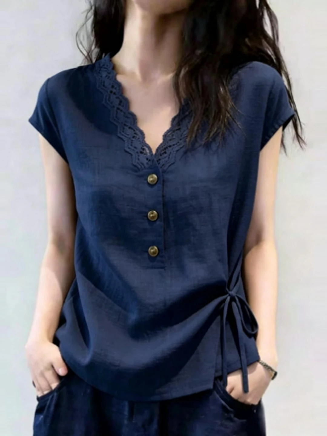 Elegant Royal Blue Short Sleeve T-Shirt Women's Summer plus Size Lace Trim V-Neck Waist-Cinching Slimming Shirt Commute Style