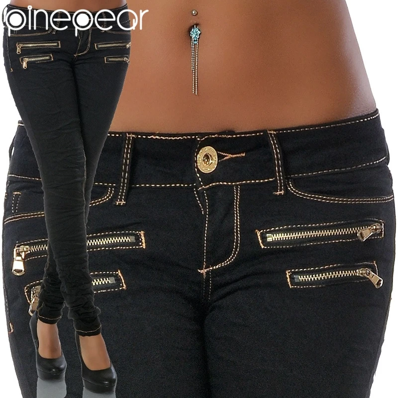 PinePear 2025 Low Waist Pleated Jeans for Women Skinny Blue/Black Pockets Jeans Woman Elastic Slim Jean Female Femme Pants