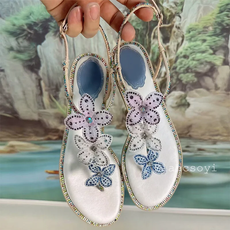 Chanclas de verano, Sandalias planas con punta abierta, zapatos de fiesta con flores y diamantes de imitación brillantes para mujer, Sandalias de gladiador con correa y hebilla