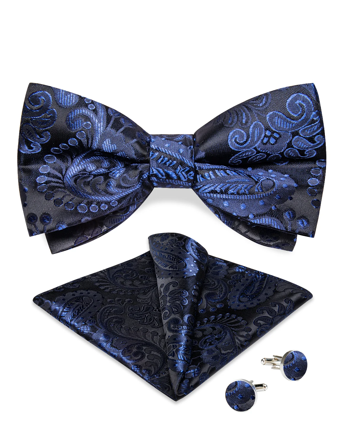 Jacquard Blue Black Paisley Pre-Tied Bow Tie for Men Wedding Adjustable Silk Bowtie Pocket Square Cufflinks Woven Butterfly Knot