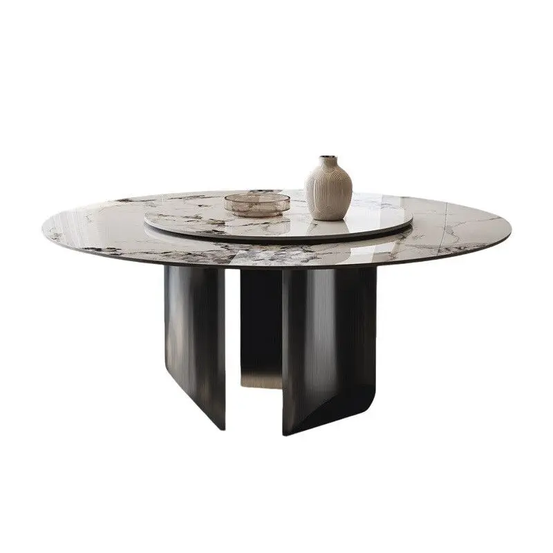 

Light luxury rock slab dining chair combination simple household with turntable round dining table dining table household