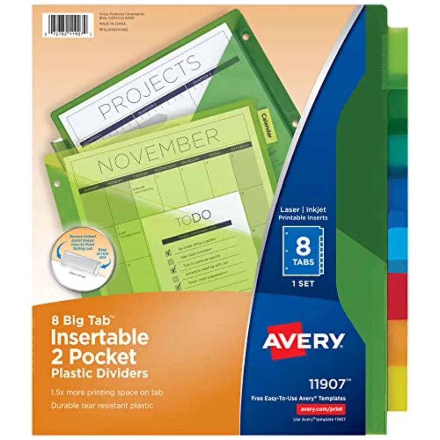 

Dividers for 3 Ring Binders, Sets, Two-Pocket Plastic Binder Dividers with Tabs, Multicolor, 1 Set 11907