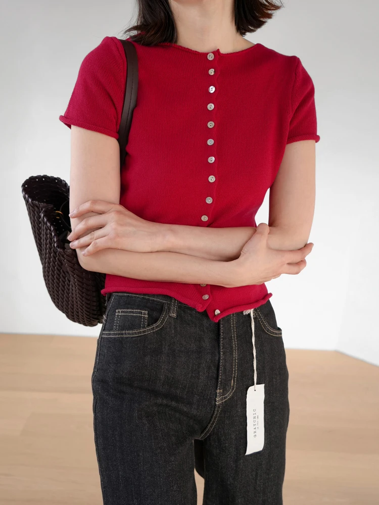 

Весна 2025, красный вязаный открытый кардиган на одной пуговице, повседневный корейский простой женский топ, новое поступление