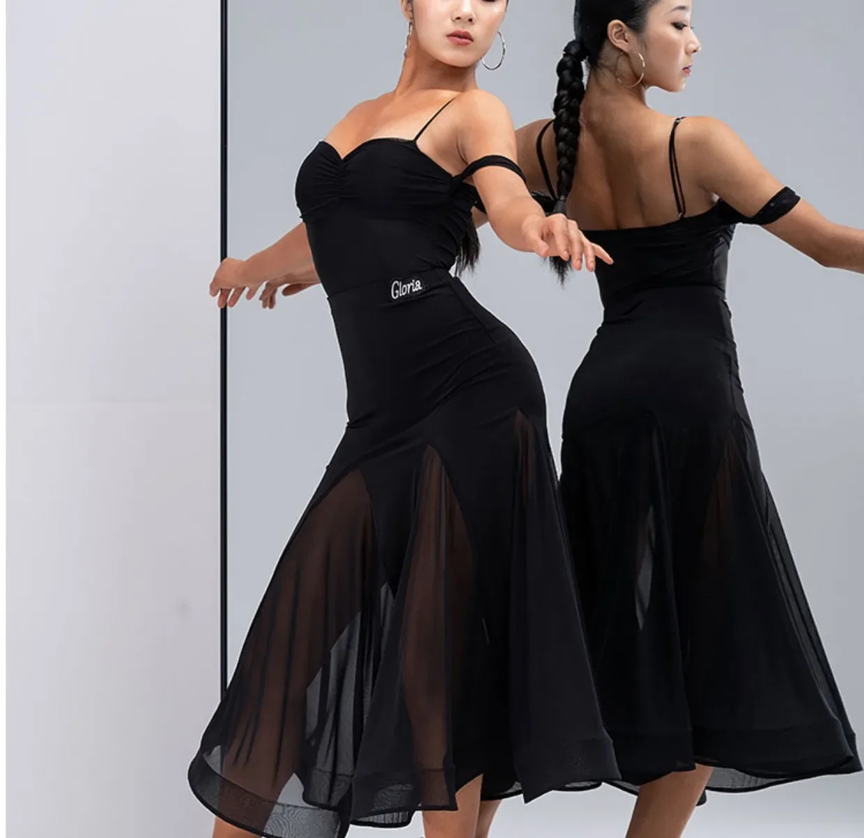 New Shoulder Drop Pleated Sling Strap Training Gown Top Fringe Design Skirt Female Latin Dancer Performance Prom Dress