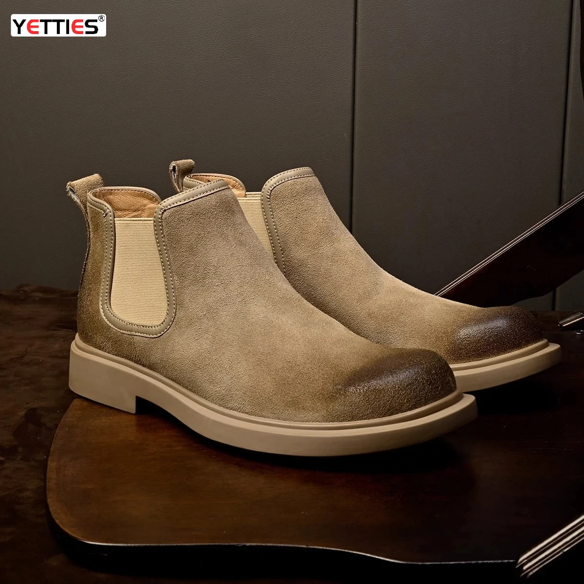 

YETTIES Men's Chelsea Combat Boots, Genuine Leather Slip-On Work Boots, Chunky Sole Desert Ankle Boots for Daily Wear