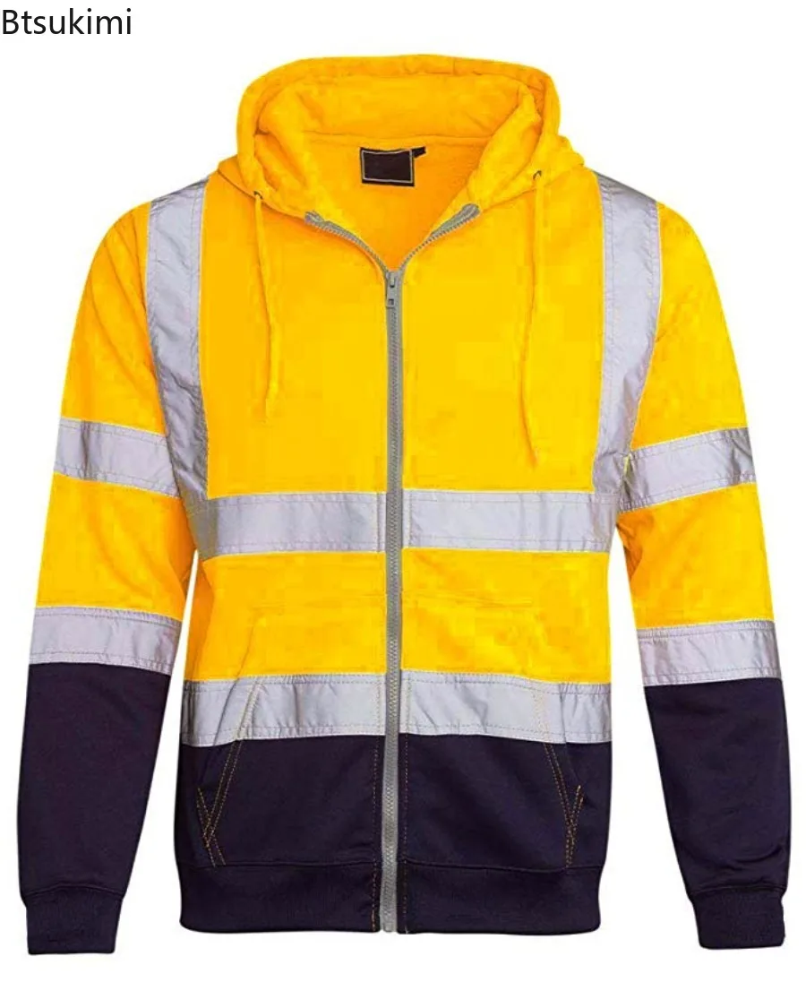 Reflective High Visibility Safety Hoodies Men and Women Long Sleeve Fleece Sweatshirts Fashion Colorblock Outdoor Work Clothes