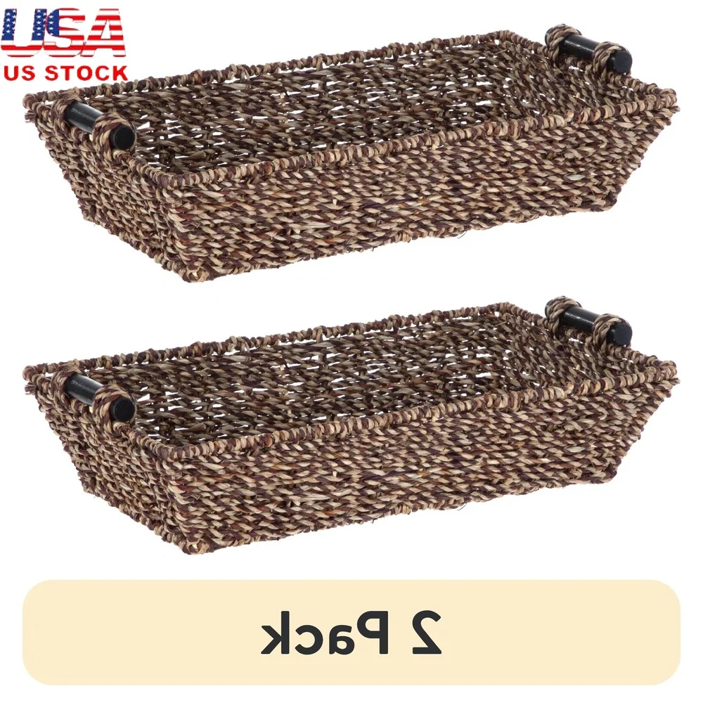 

2 Pack Rectangular Woven Seagrass Storage Basket with Wooden Handles Organizing Home Décor Bathroom Supplies Craft Items