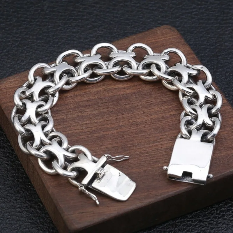 

Real Solid 925 Sterling Silver Chain Men 18mm Circle Rolo Curb Link Bracelet 96-97g/21cm