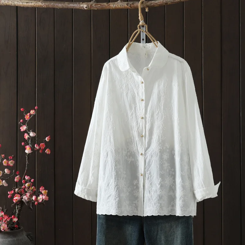 [Gotowy towar] Wysokiej jakości damska bluzka/koszula ze 100% bawełny, haft żakardowy, jednolity kolor, nowa kolekcja jesień 2025, rozpinane koszule/kardigany