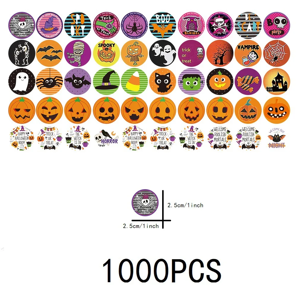 Rouleau d'autocollants Halloween-5 rouleaux 1000 pièces autocollants fantôme citrouille rond Halloween, autocollants chat chauve-souris araignée pour décoration de fête