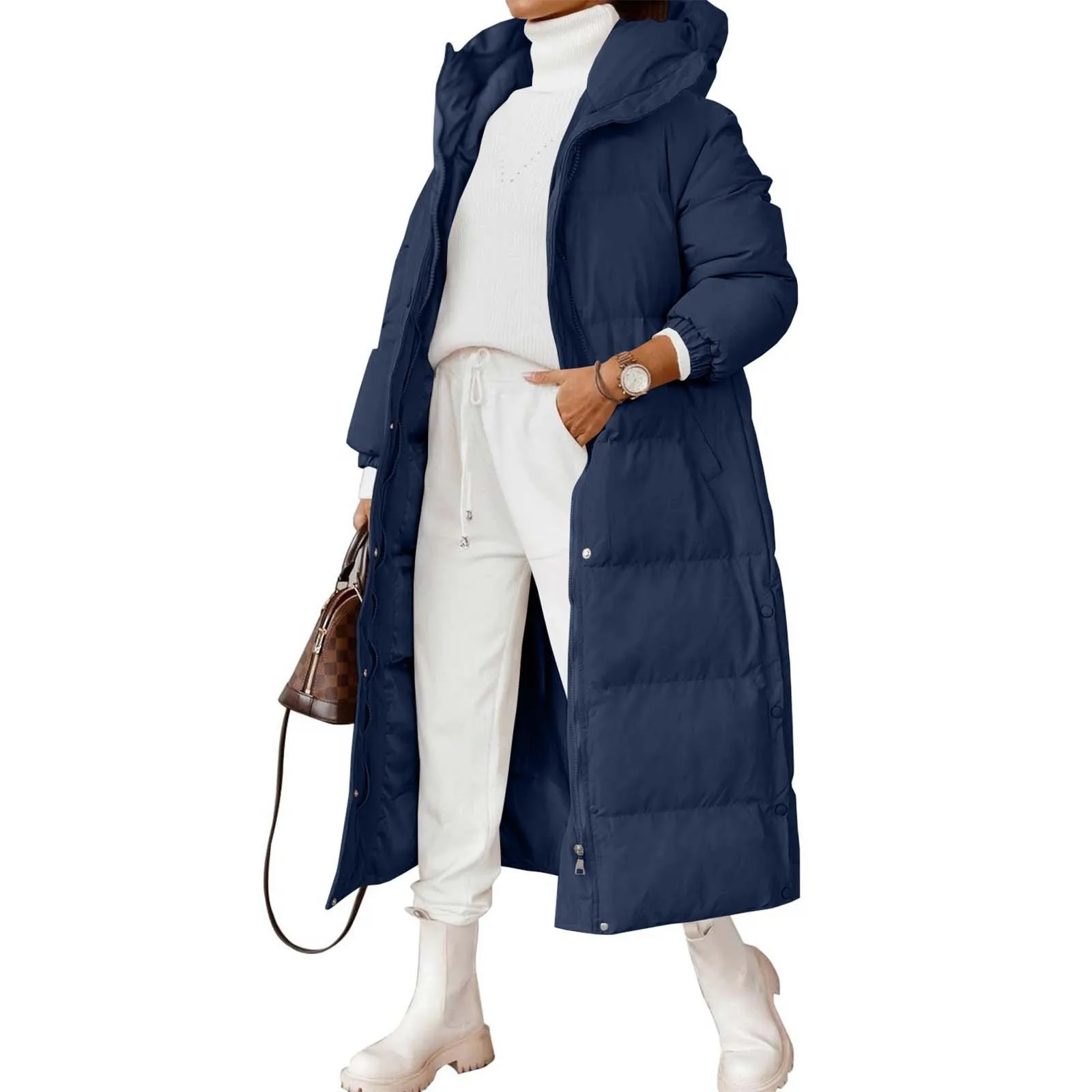 Dames Kleding Effen Kleur Capuchon Lange Jas Katoenen Gewatteerde Kleding Mode Lange Mouw Rits Zak Jas Herfst Winter Parka