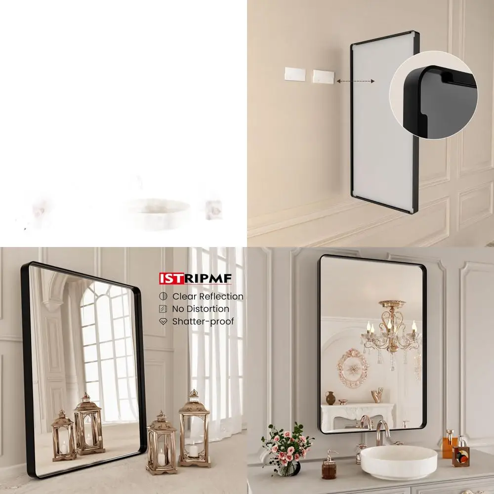 長方形のマットブラックメタルフレームのバスルームミラー、24x36インチ、壁掛けバニティミラー、角丸