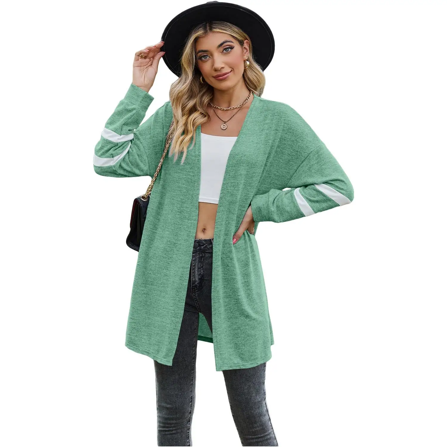 Women's Long Patchwork Knitted T-irt Sved Sweatirt Polyester Fiber Casual Sle Open Cardigan Single Piece Autumn 2023