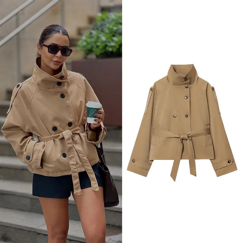 

Женская куртка с высоким воротником и поясом, повседневная винтажная двубортная короткая куртка на пуговицах, женские пальто с длинными рукавами, женские топы
