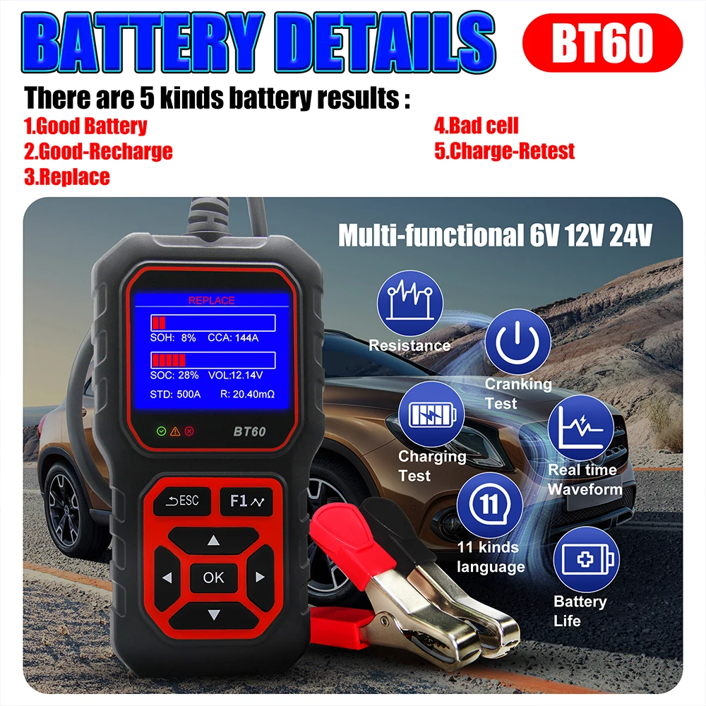 BT60 12V/24V Automotive Battery Tester Digital Auto Battery Analyzer Charging Cranking Tester for Car Truck Motorcyle Vehicle RV