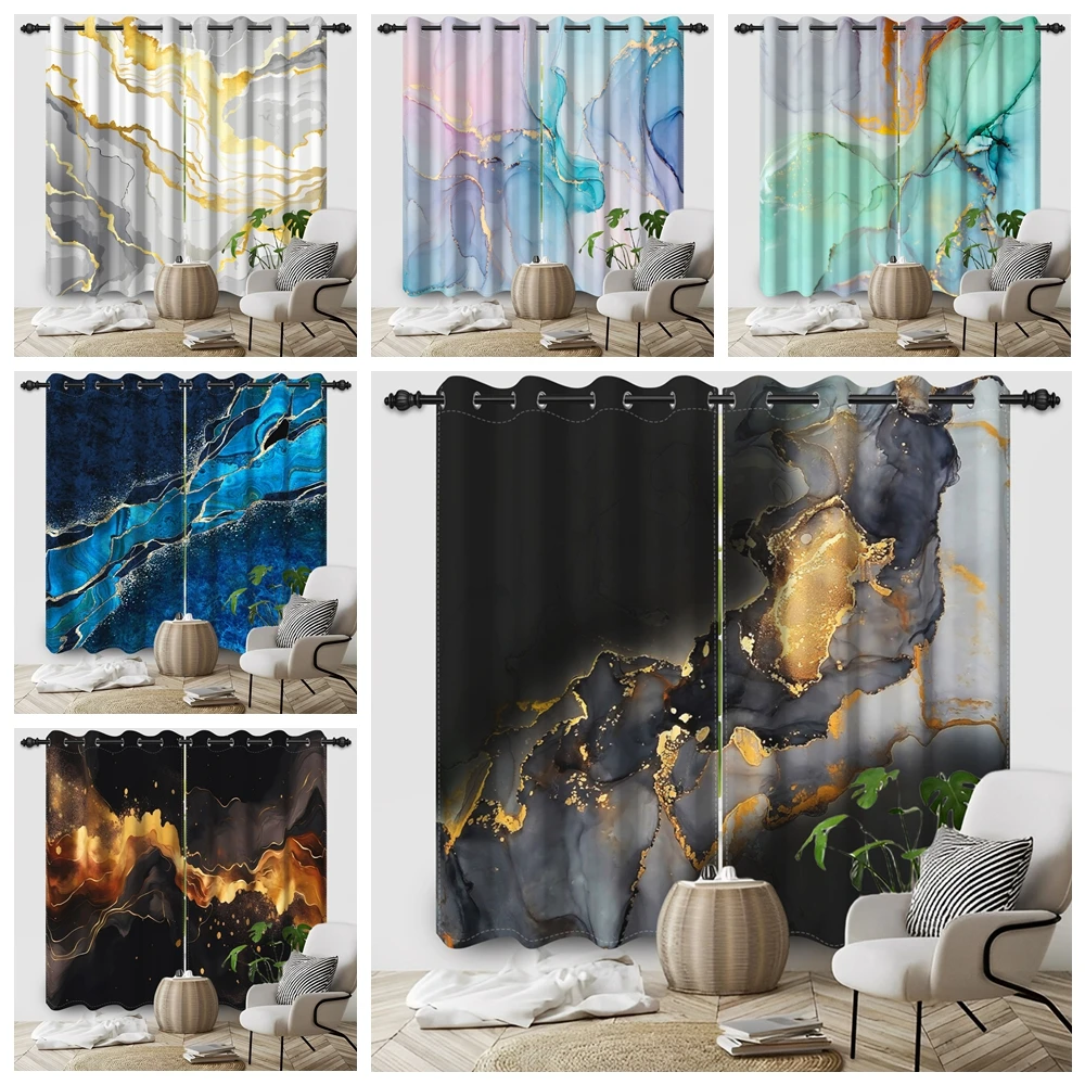 2pcs/set Abstract Color Texture Marble Window Curtain Modern Luxury Ink Painted Bedroom Living Room Blackout Polyester Curtains