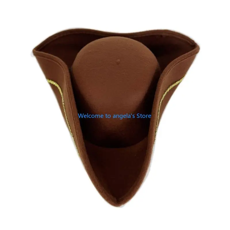 X4YC Victorian Pirate Hat Fleece Gold Silk Thread Trim Tricorn Hat Costume Accessory