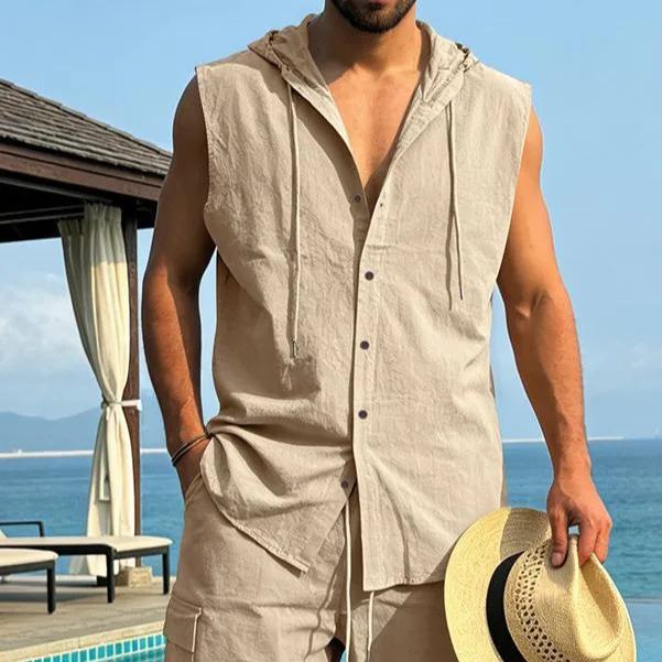 Men-Summer-Sleeveless-Hooded-Shirt-Linen-Casual-Loose-Tops-Male-Beach-Vacation-Breathable-Solid-Color-Hoodie-Linen-Shirts-Men