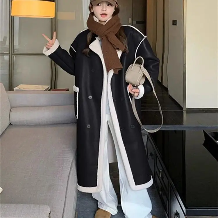 

plus Size Extra Large 300 Pou Retro PU Leather Fluffy Long Coat Women Winter Loose Thi Warm Cotton Jaet Korean Sle
