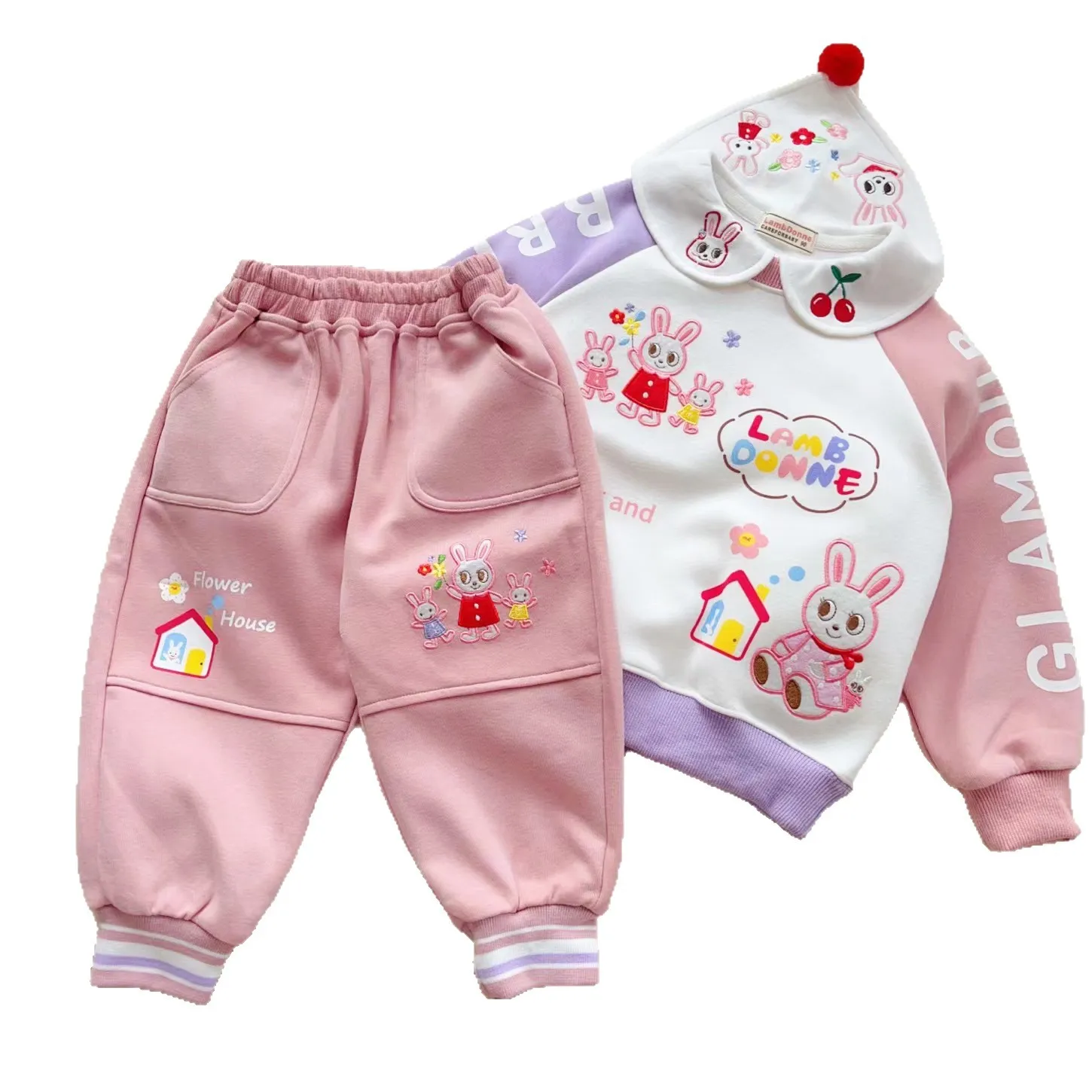 

2025 Autumn New Children's Hoodie Japanese Cute Sweet Embroidered Cartoon Cotton Hoodie Pants Baby Thick Top
