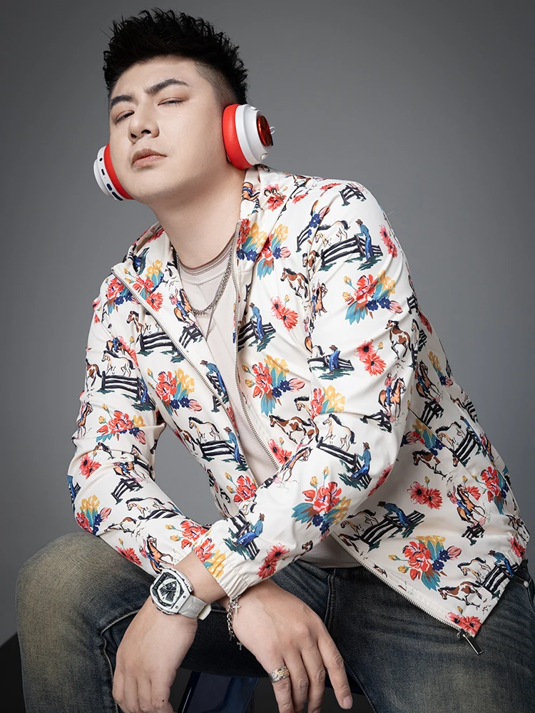 

Men's Hooded Jaet Floral Pattern Year Clothing Spring New Sle Stand Fit Windproof Casual Sle Polyester Fiber