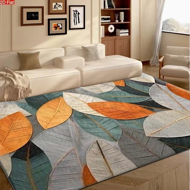 Abstract Cascading Autumn Leaves Carpet Orange Teal Gray Plant Pattern Non-Slip Carpet Mat Suitable for Living Room Bedroom Home Decor