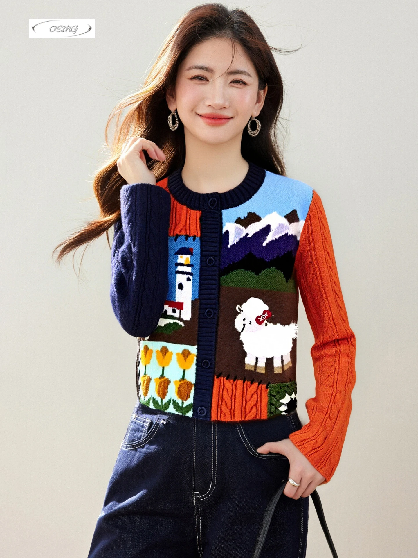 

Women Fashion O-neck Cartoon Jacquard Spliced Long Sleeved Cardigan Knitted Sweater Coat Autumn Winter Elegant Knitwear 9778