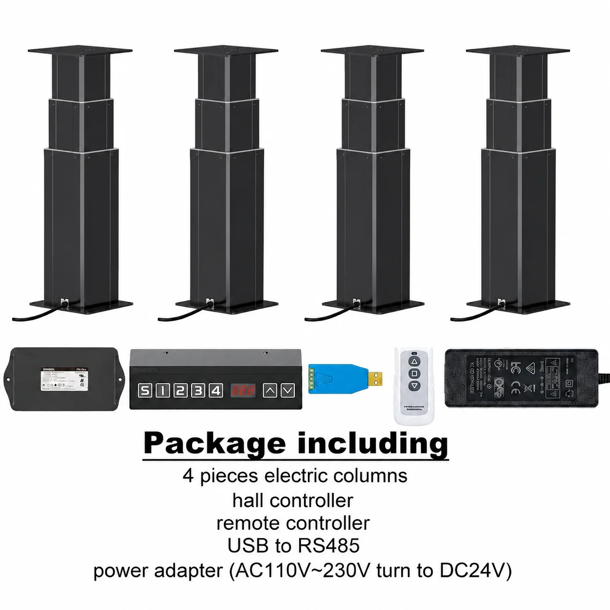 4Pieces Three-Section Aluminum Shell Electric Lifting Columns with Synchronous Control Hall controller Set 1155MM Stroke
