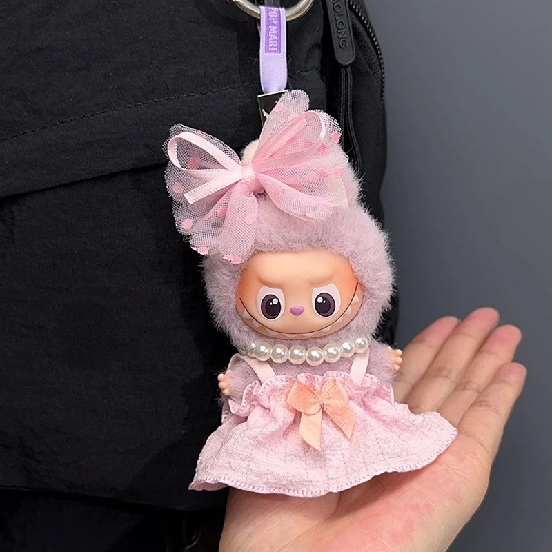 

New 4th Gen Mini Labubu Heart Code Pink Dress with Hair Accessories, Cute Outfit Set for 10cm Vinyl Doll Clothing Change
