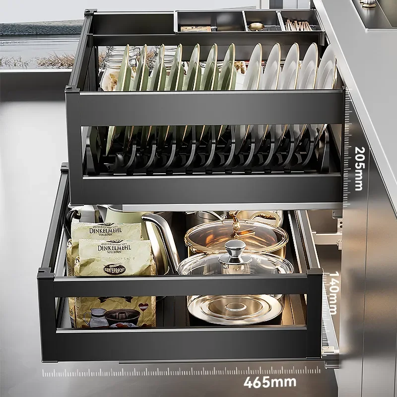 Aluminum Alloy Kitchen Cabinet Pull Out Basket Double Layer Drawer Organizer for Bowls Dishes Seasoning Storage Built In Rack
