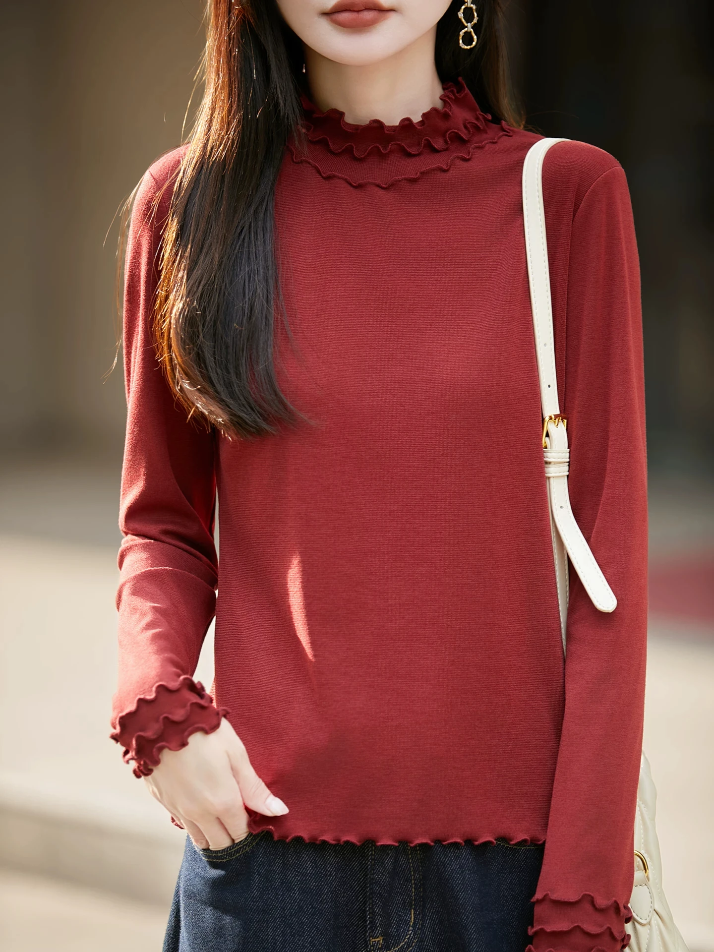 Women's Slim Fit Cotton Blend Knitted Shirt Collar with Wood Grain  Autumn Season Versatile Top Soft Comfortable Material