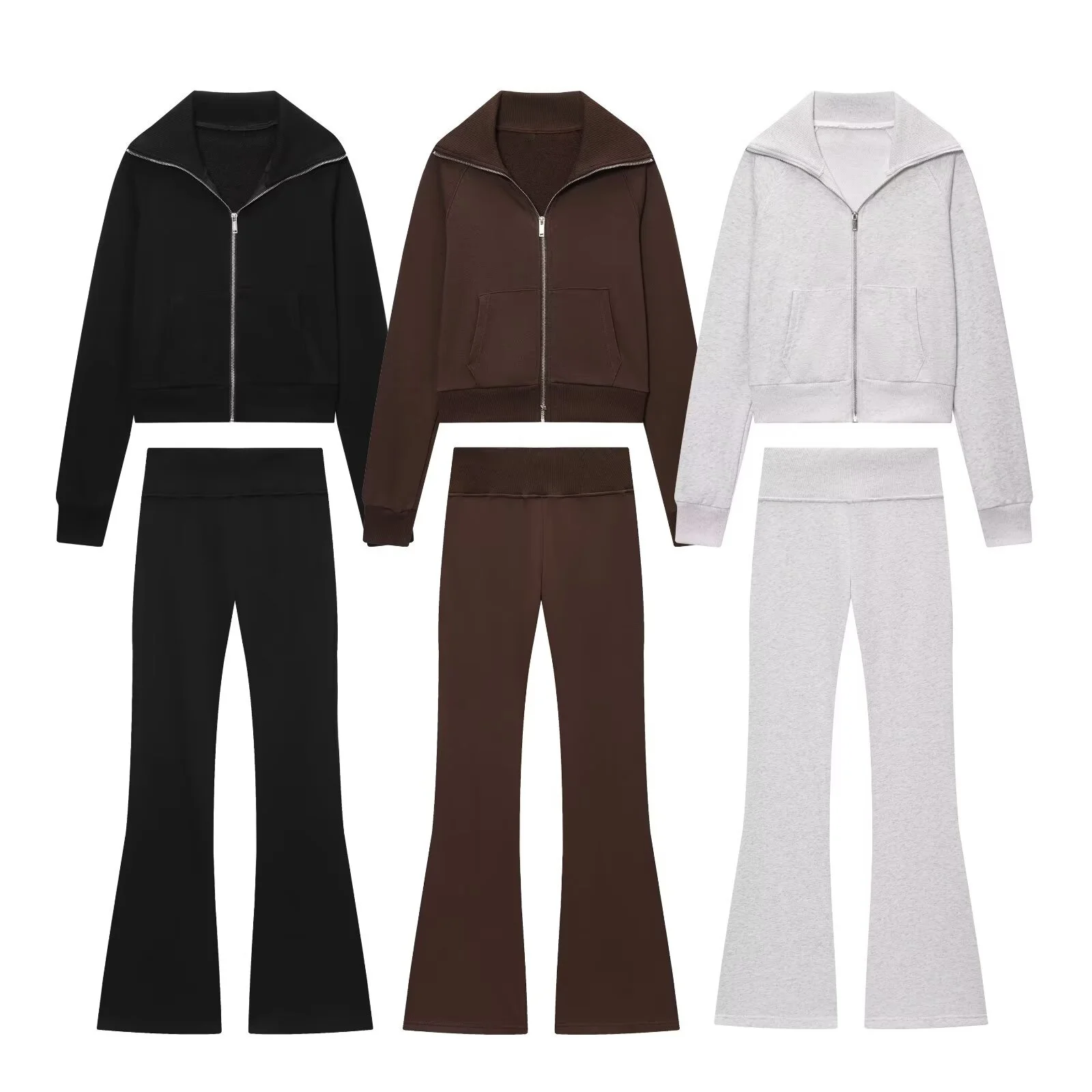 PRINTKAOIR 2026 Spring New Women's Casual Lapel Long-Sleeved Zipper Fleece Jacket + High-Waisted Terry Flared Trousers